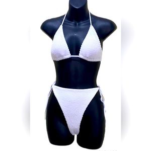 WHITE BIKINI SET GOLD JEWEL REAR BROACH STRING TIES SZ M